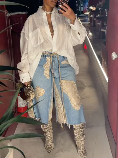 Blue Snake-Print Patchwork Denim Midi Pants