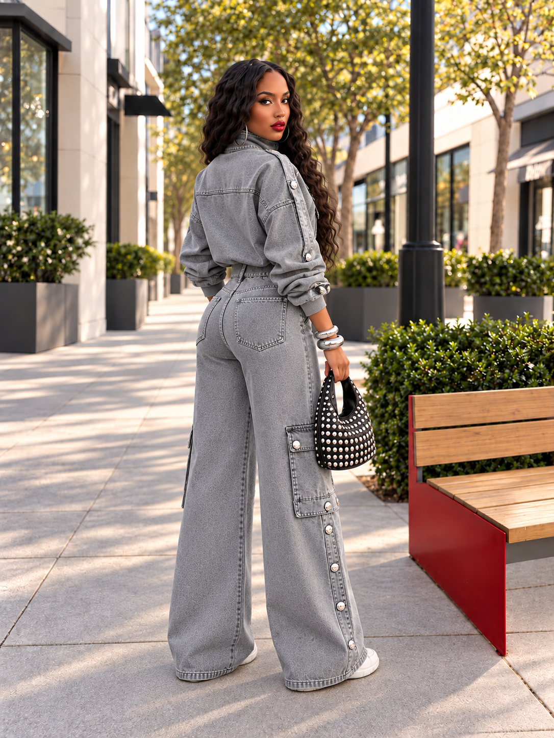 Gray Military-Tab Denim Jacket and Cargo Wide-Leg Pants Set