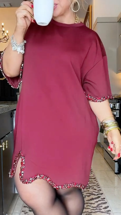 Burgundy Embellished-Trim Scalloped Mini Dress