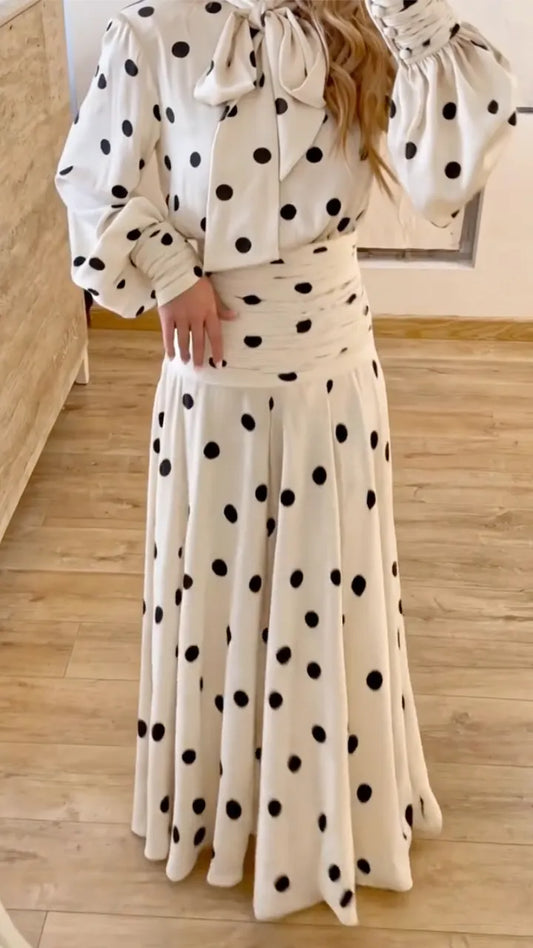 Ivory Polka-Dot Bow-Neck Blouse & Maxi Skirt Set