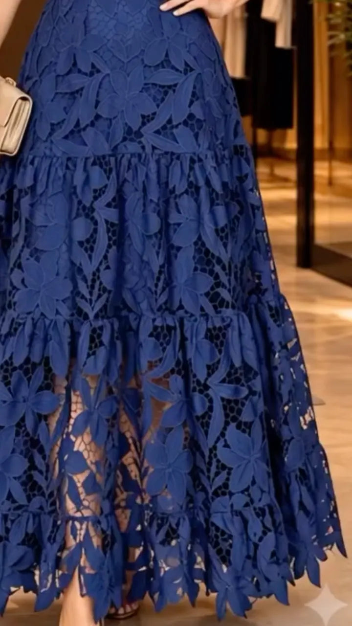 Royal Blue Botanical-Lace Tiered Maxi Dress