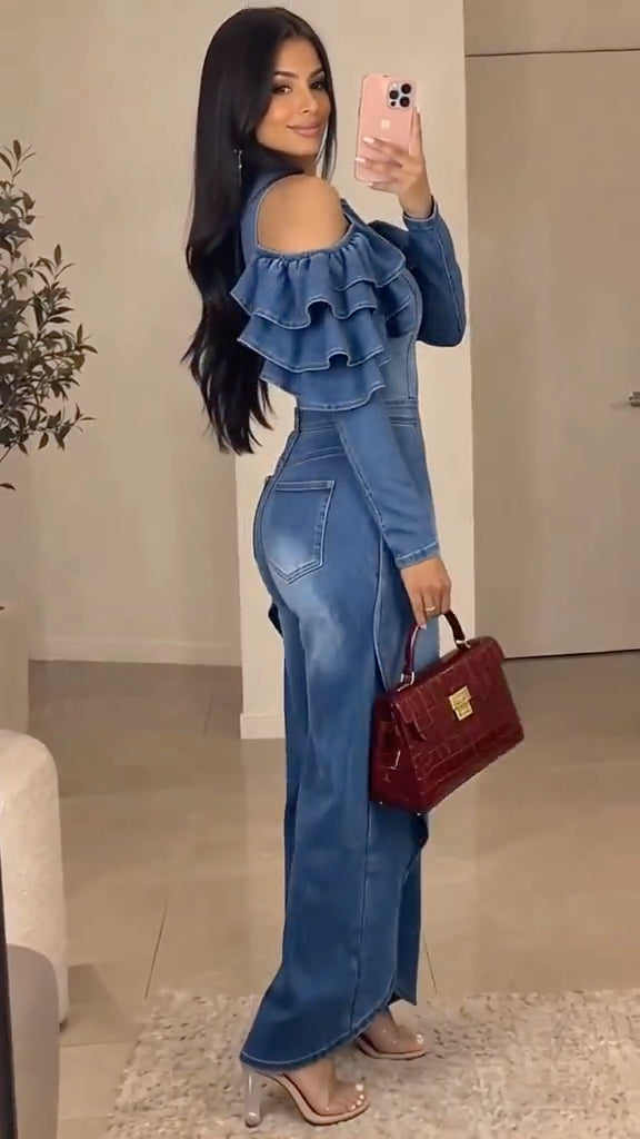 Blue Cold-Shoulder Ruffle Overlay Denim Jumpsuit