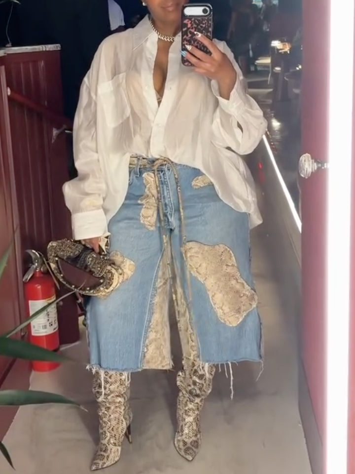 Blue Snake-Print Patchwork Denim Midi Pants