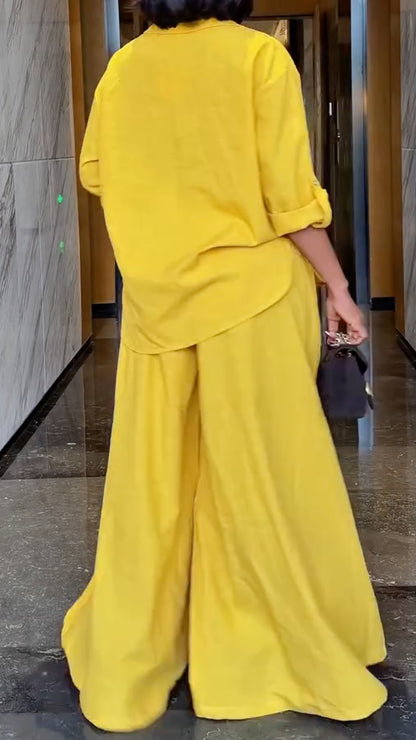 Yellow Oversized Shirt & Wide-Leg Pants Set