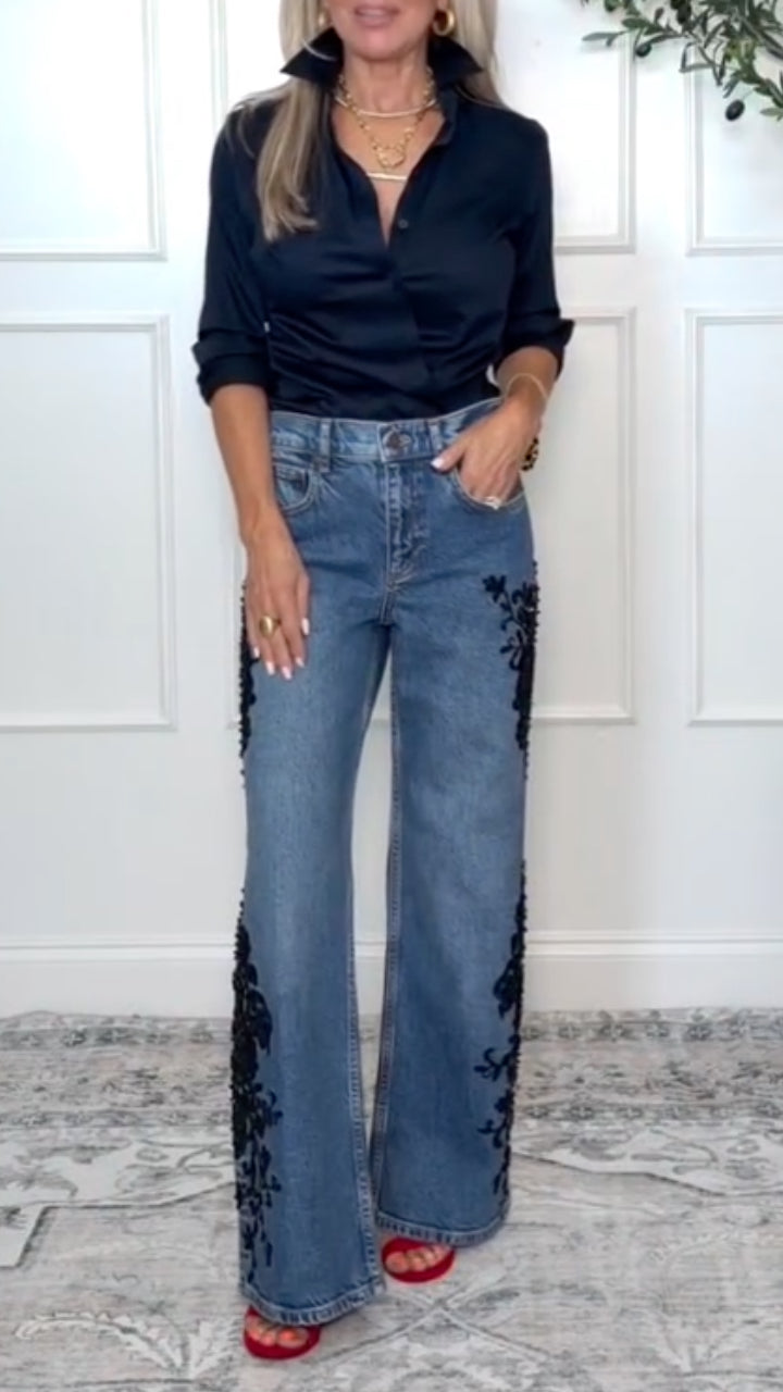 Blue Black-Floral Applique Wide-Leg Jeans