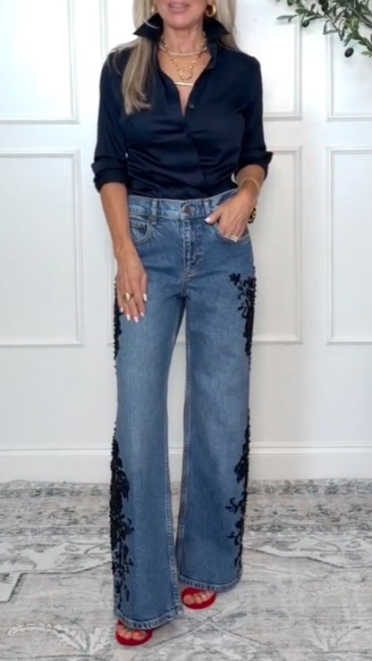 Blue Black-Floral Applique Wide-Leg Jeans
