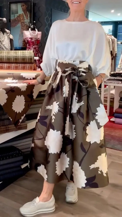 White Puff-Sleeve Blouse & Floral Bow-Waist Midi Skirt Set