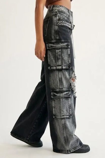 Black Acid-Wash Layered-Waist Distressed Cargo Jeans