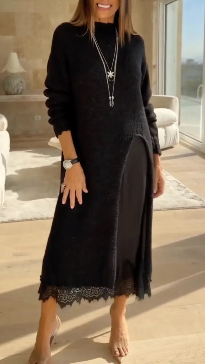 Black Asymmetric Knit Tunic & Lace-Hem Midi Skirt Set