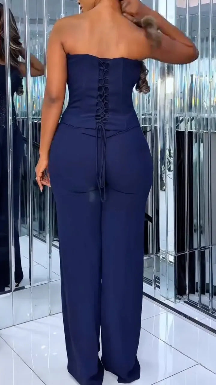 Navy Sparkle Point-Hem Top Pants and Long Cape Set