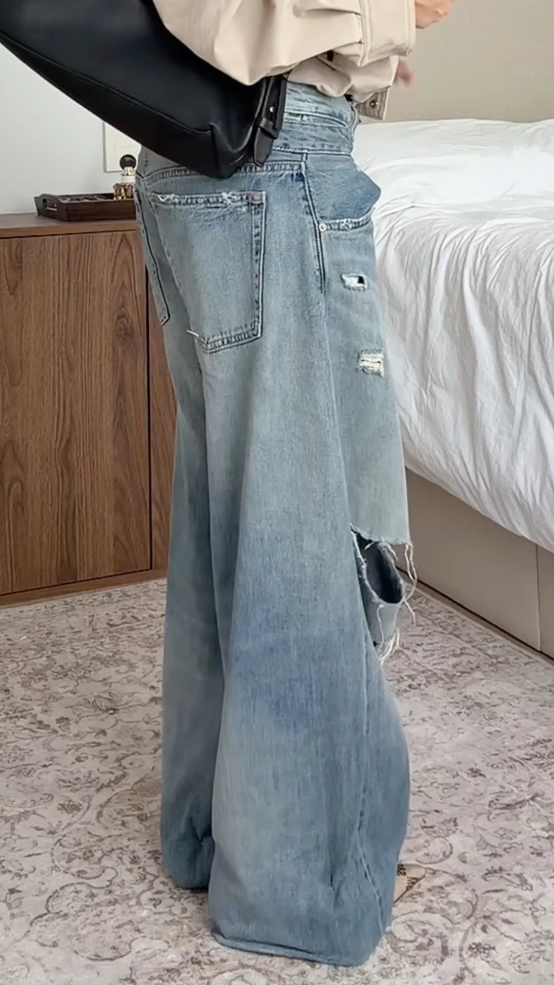Light-Wash Distressed Wide-Leg Jeans