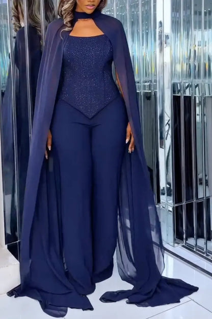 Navy Sparkle Point-Hem Top Pants and Long Cape Set