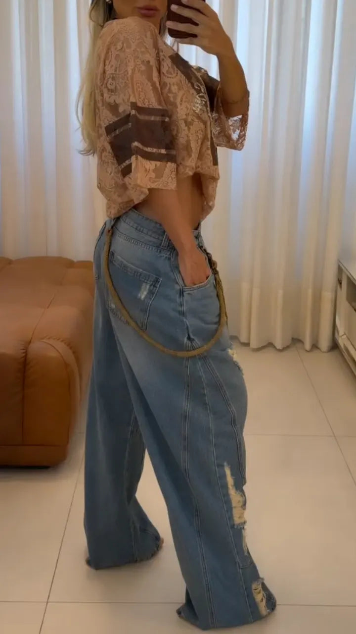 Lace Graphic Top & Distressed Wide-Leg Jeans Set