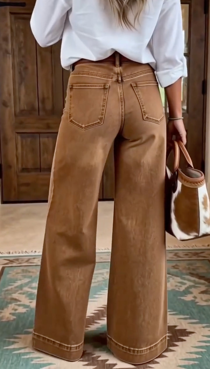 Caramel Washed Wide-Leg Jeans