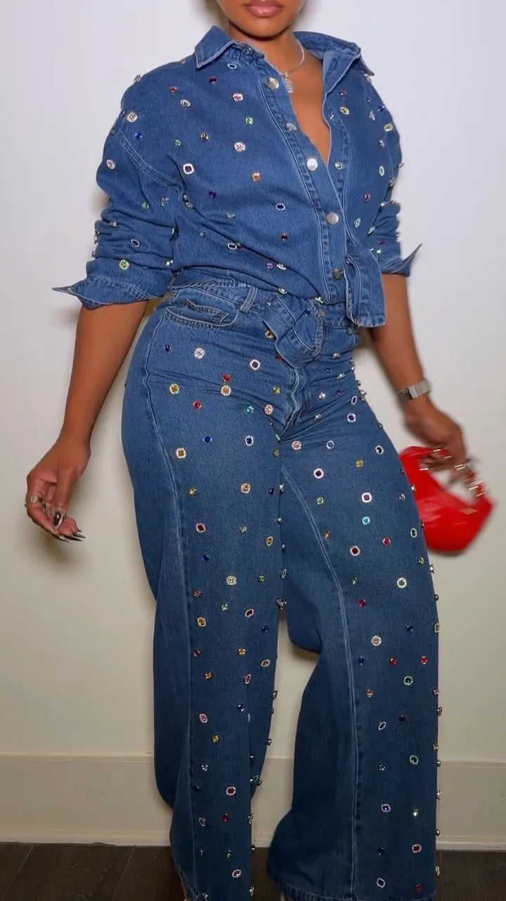 Multicolor Crystal-Style Denim Shirt & Wide-Leg Pants Set