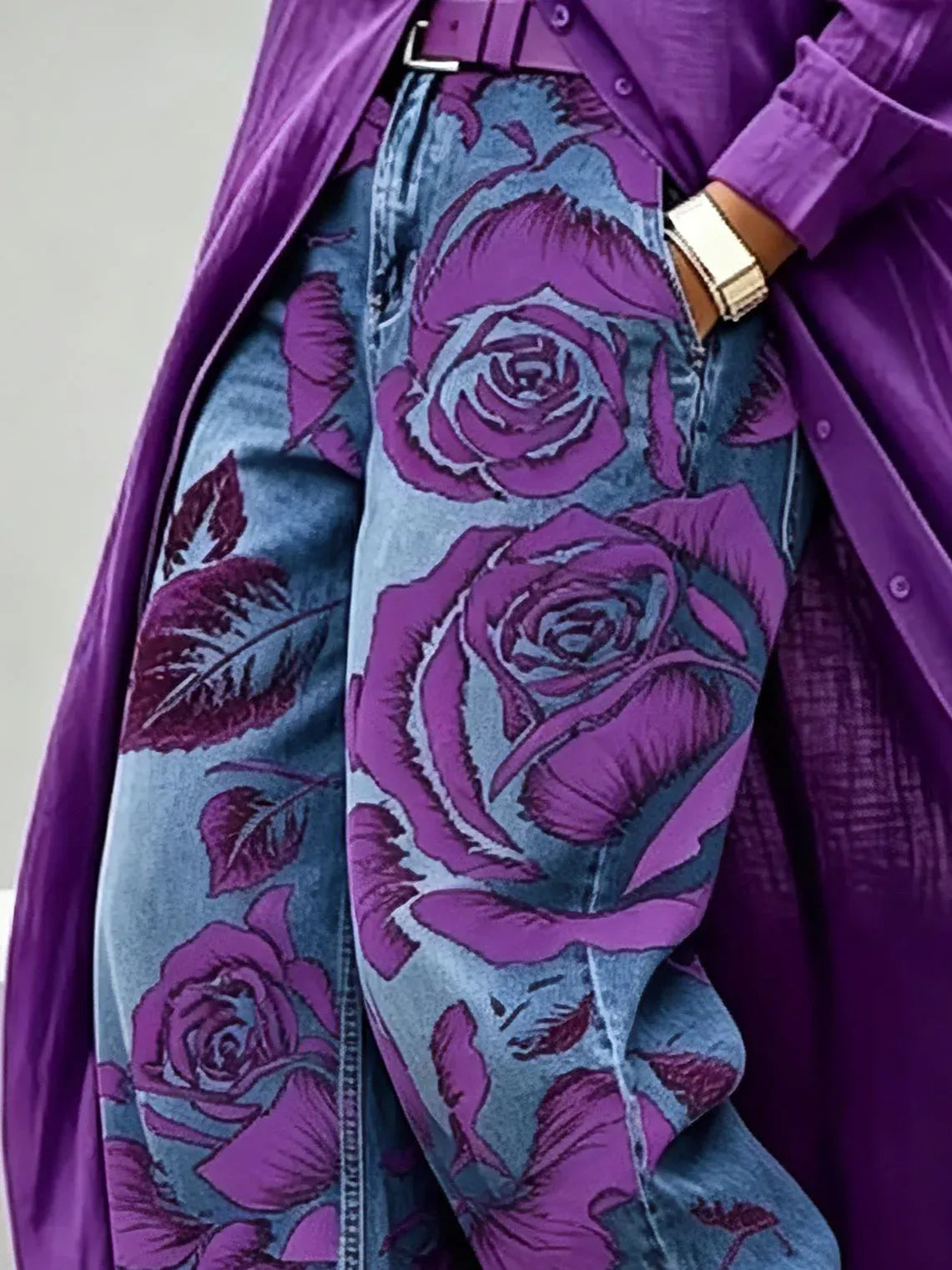 Purple Rose Print Balloon Jeans