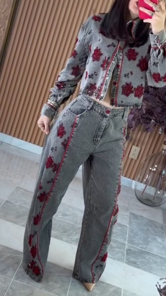 Gray Denim Red-Floral Crop Jacket and Wide-Leg Jeans Set