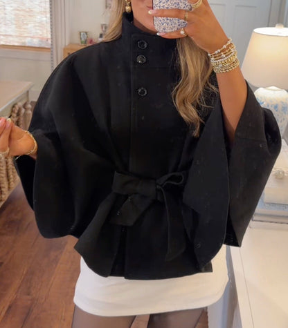 Chocolate Stand-Collar Tie-Waist Cape Jacket