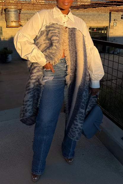 White Shirt and Leopard-Panel Asymmetric Fringe Tunic