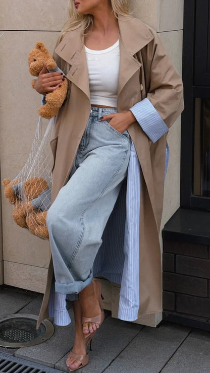 Camel Oversized Contrast-Cuff Long Trench Coat
