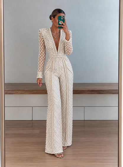 Ivory Pearl-Lattice Deep-V Wide-Leg Jumpsuit