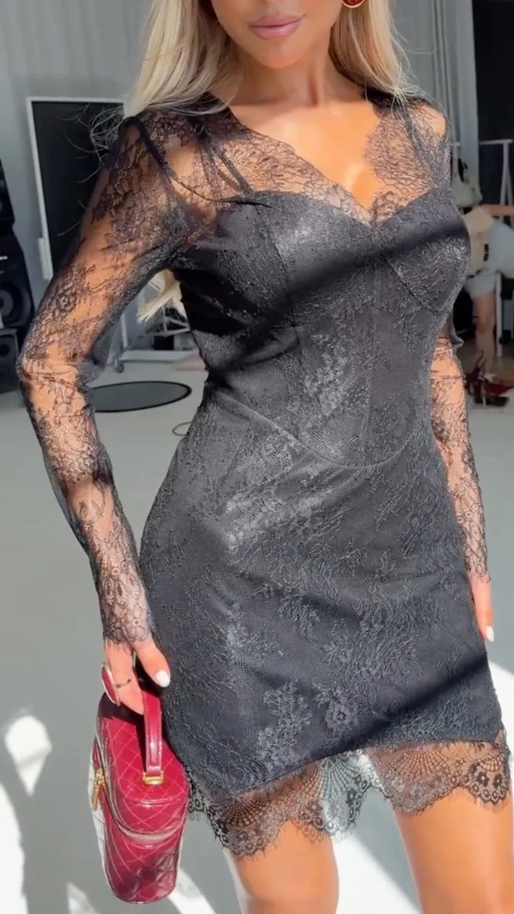 Black Floral-Lace Sweetheart Mini Dress
