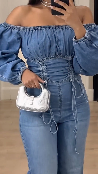 Blue Off-Shoulder Ruched-Waist Denim Jumpsuit