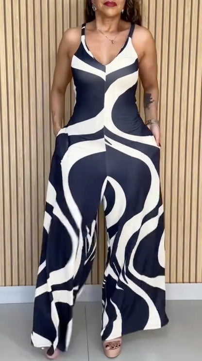Navy and Ivory Abstract-Print Tie-Back Wide-Leg Jumpsuit