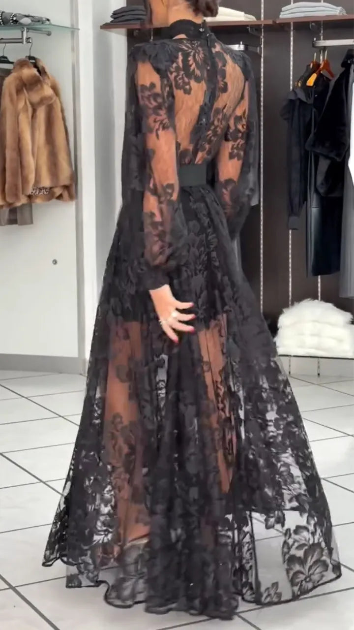 Black Plunging Floral-Lace Long-Sleeve Maxi Dress