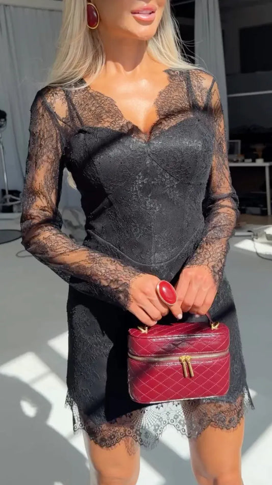 Black Floral-Lace Sweetheart Mini Dress