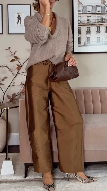 Taupe V-Neck Sweater & Brown Tie-Waist Pants Set