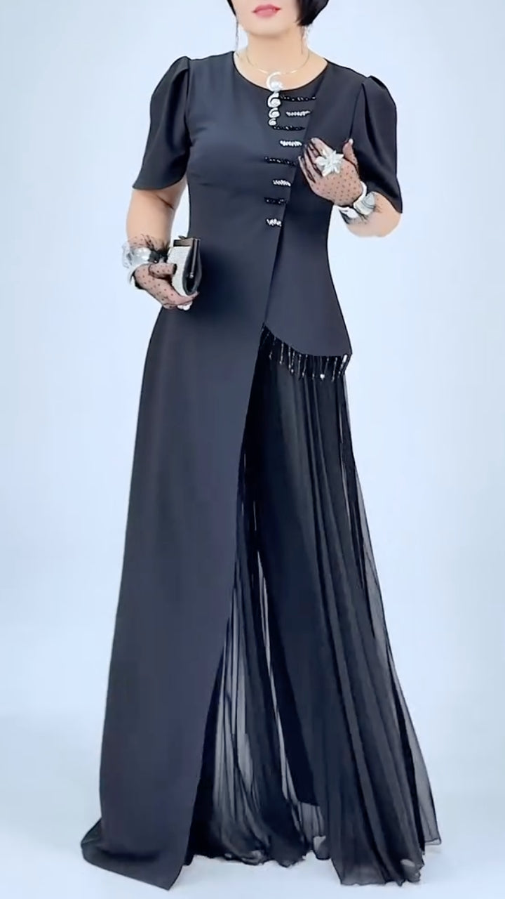 Black Asymmetric Button Tunic and Flowing Wide-Leg Pants Set