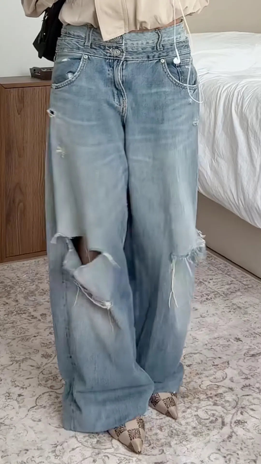Light-Wash Distressed Wide-Leg Jeans