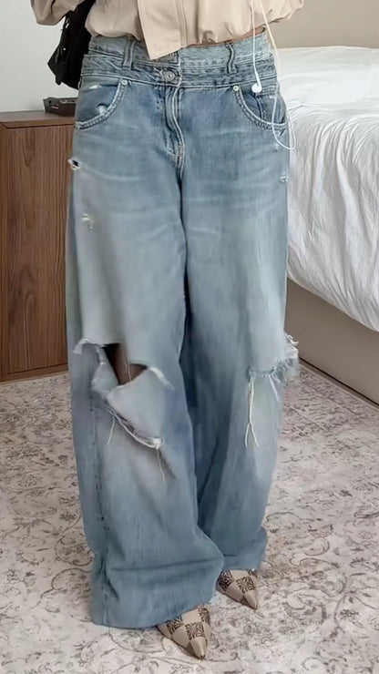 Light-Wash Distressed Wide-Leg Jeans