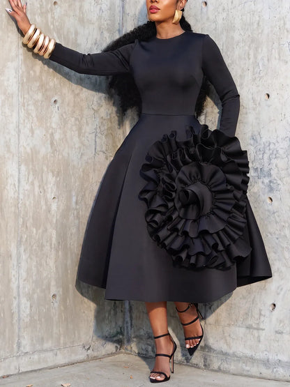 Sculptural Rosette Fit-and-Flare Midi Dress