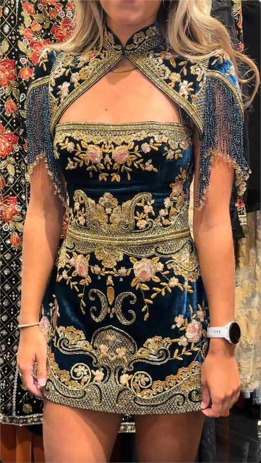 Deep Teal Gold-Floral Capelet Fringe Mini Dress