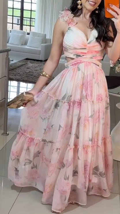 Floral Cutout Tiered Chiffon Maxi Dress