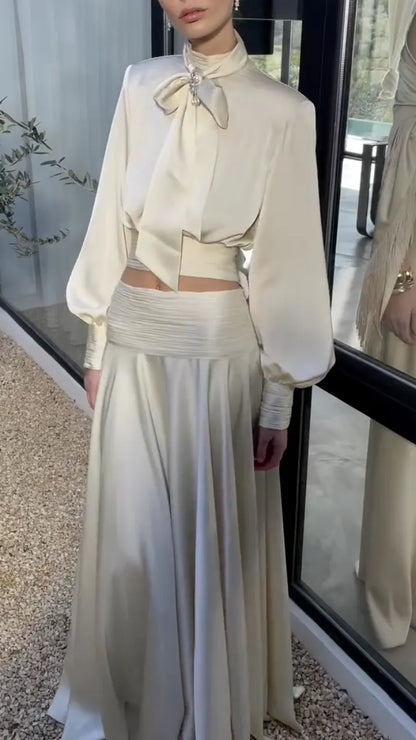 Satin Tie-Neck Blouse & Flowing Maxi Skirt Set
