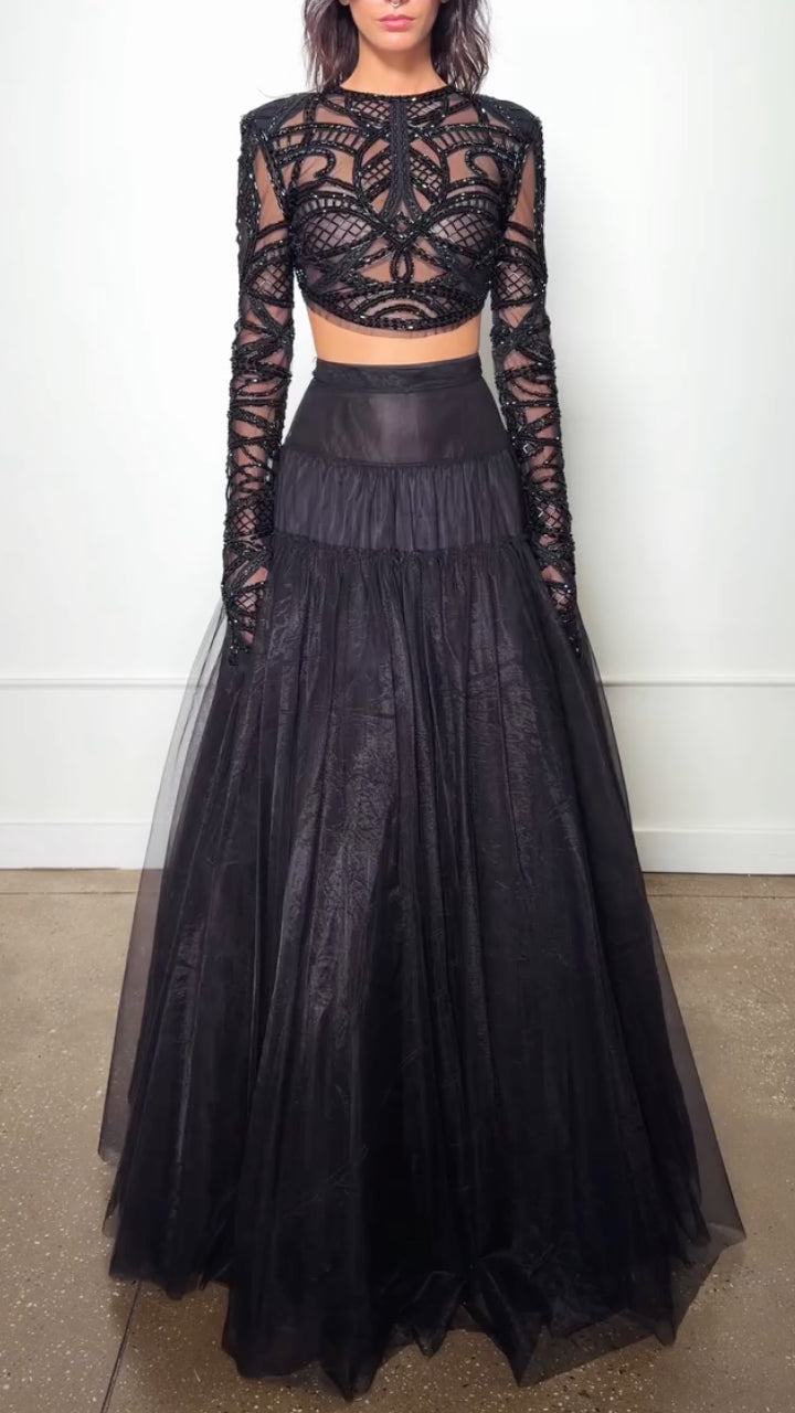 Black Geometric Sheer Crop Top and Tiered Maxi Skirt Set