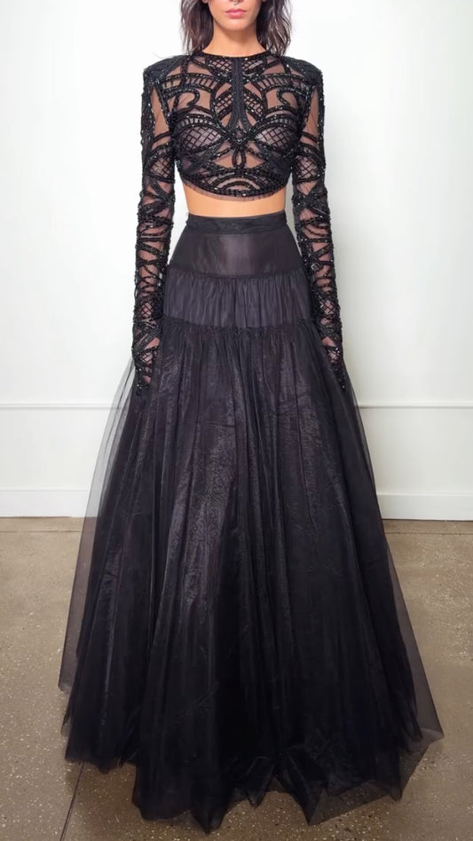 Black Geometric Sheer Crop Top and Tiered Maxi Skirt Set