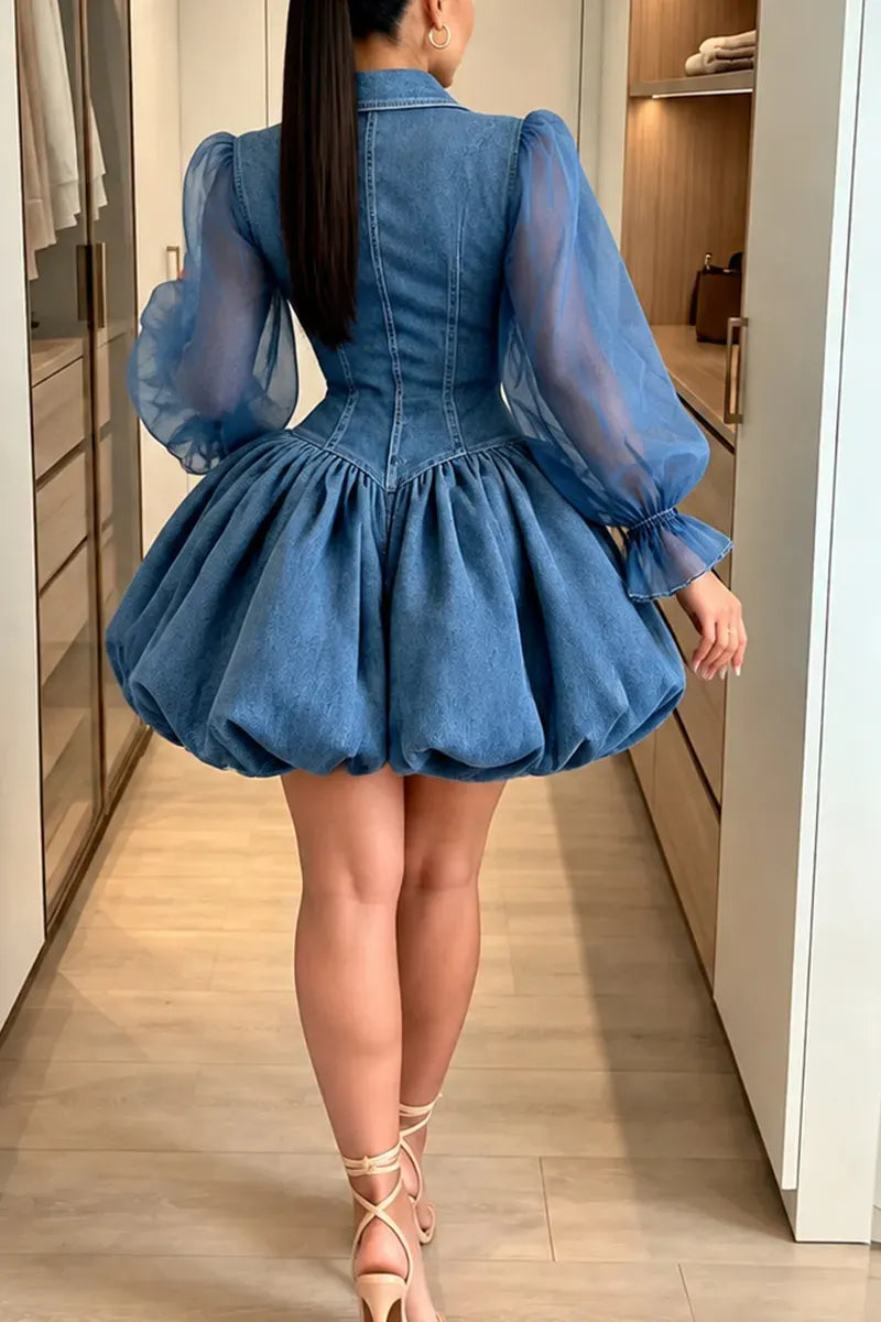 Blue Lapel-Bodice Sheer-Sleeve Bubble-Hem Denim Dress