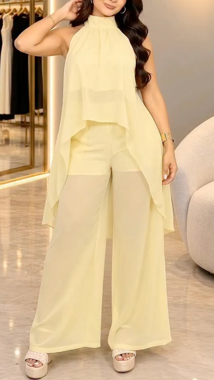 White Halter High-Low Tunic and Sheer Wide-Leg Pants Set