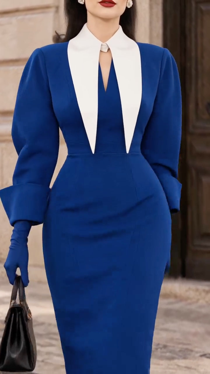 Royal Blue Contrast Pointed-Collar Puff-Sleeve Midi Dress