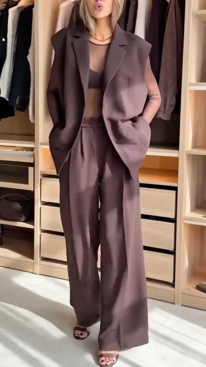Taupe Tailored Vest Sheer Top & Wide-Leg Pants Set