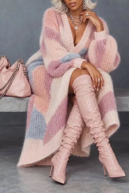 Pastel Colorblock Deep-V Balloon-Sleeve Knit Maxi Dress