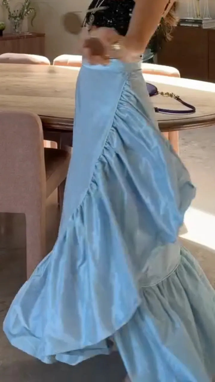 Ice Blue Asymmetric Ruffle Maxi Skirt