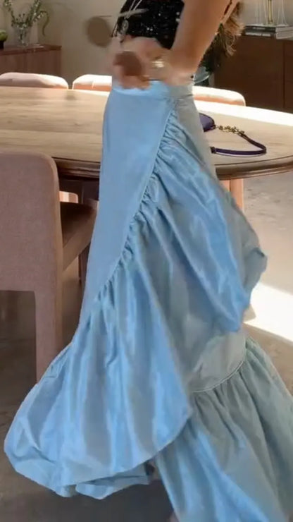 Ice Blue Asymmetric Ruffle Maxi Skirt