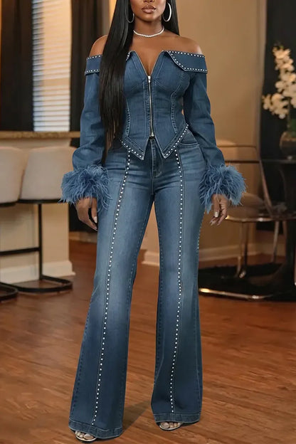 Off-Shoulder Stud-Trim Feather-Cuff Denim Top & Flared Pants Set