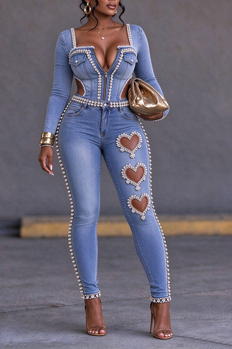 Blue Heart-Cutout Embellished Denim Jumpsuit