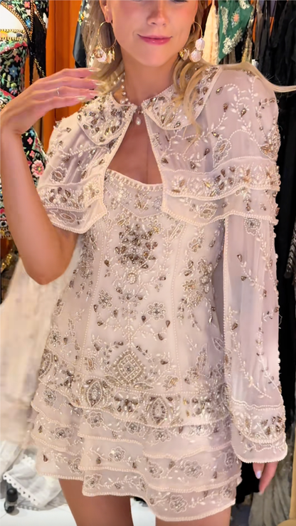 Ivory Embellished Cape-Layer Mini Dress
